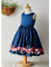 Navy Blue Satin Knee Length Flower Girl Dress With Handmade Flowers